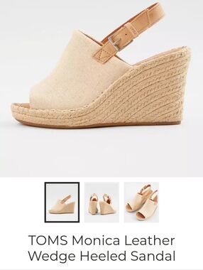 Toms Monica Beige Canvas and Tan Leather Slingback Espadrille Wedge Sz 9